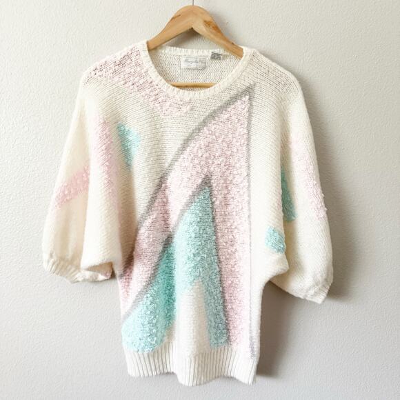 MARGULES PLUS | Vintage 80s Geometric Cottagecore Pastel Knit Sweater | 42, XL - Picture 1 of 6